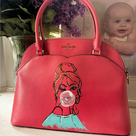 kate spade Handbags - Kate Spade Pink Satchel with custom painted Bubblegum Girl Art One of A Kind